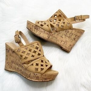 Franco Sarto Shea Tan Perforated Cork Peep Toe Wedges​